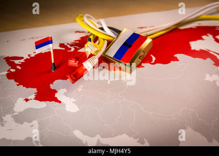 Padlock, net cable, Russia flag on a smartphone and Russia map, symbolizing the System for Operative Investigative Activities concept or SORM and all  Stock Photo