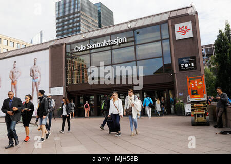 Oslo, Norway - September 16, 2016: People outside the main entrance too the Oslo central railway station. Stock Photo