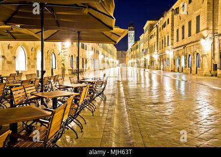 Famous Stradun street and cafe in Dubrovnik night view, Dalmatia region of Croatia Stock Photo