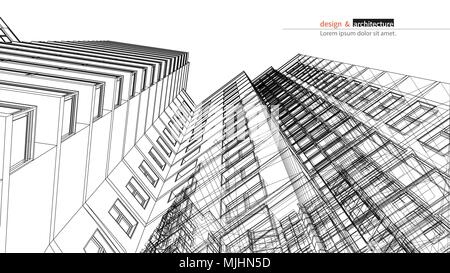 Urbanistic skyscraper. Abstract 3D render of building wire frame structure. Vector construction graphic idea for template design.Modern Building.Perspective city wiev, wide angle. Stock Vector