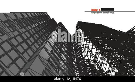 Urbanistic skyscraper. Abstract 3D render of building wire frame structure. Vector construction graphic idea for template design.Modern Building.Perspective city wiev, wide angle. Stock Vector