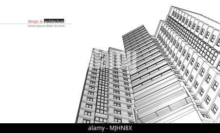 Urbanistic skyscraper. Abstract 3D render of building wire frame structure. Vector construction graphic idea for template design.Modern Building.Perspective city wiev, wide angle. Stock Vector