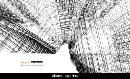 Urbanistic skyscraper. Abstract 3D render of building wire frame structure. Vector construction graphic idea for template design.Modern Building.Perspective city wiev, wide angle. Stock Vector