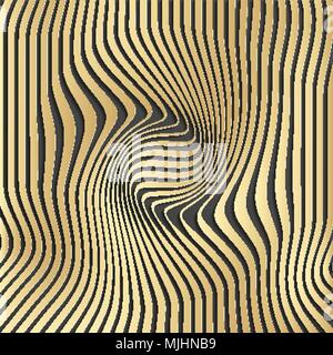 Gold abstract stripe pattern background.Optical illusion, twisted lines, abstract curves background. The illusion of depth and perspective.Abstract 3d vector illustration. Eps 10. Stock Vector