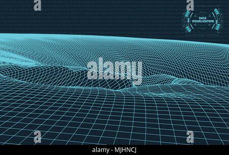 Data visualization background . Futuristic design hud element . Binary code , coding and programming concept . Wide angle wireframe landscape . Stock Vector