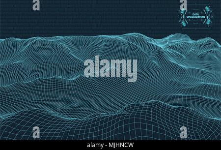 Data visualization background . Futuristic design hud element . Binary code , coding and programming concept . Wide angle wireframe landscape . Stock Vector