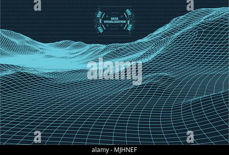 Data visualization background . Futuristic design hud element . Binary code , coding and programming concept . Wide angle wireframe landscape . Stock Vector
