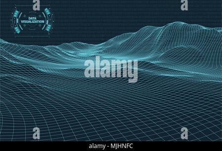 Data visualization background . Futuristic design hud element . Binary code , coding and programming concept . Wide angle wireframe landscape . Stock Vector