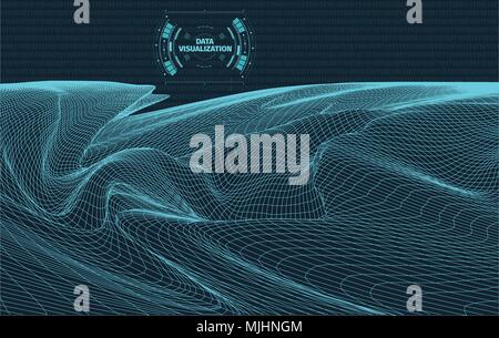 Data visualization background . Futuristic design hud element . Binary code , coding and programming concept . Wide angle wireframe landscape . Stock Vector