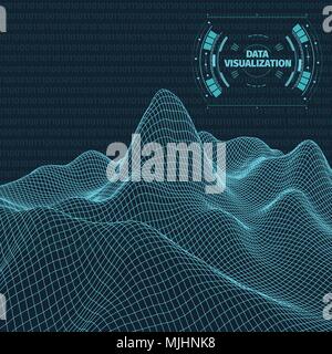 Data visualization background . Futuristic design hud element . Binary code , coding and programming concept . Wide angle wireframe landscape . Stock Vector