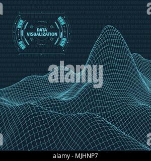Data visualization background . Futuristic design hud element . Binary code , coding and programming concept . Wide angle wireframe landscape . Stock Vector