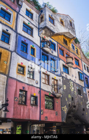 Hundertwasserhaus - famous apartment house in Vienna, Austria, view from Kegelgasse street Stock Photo
