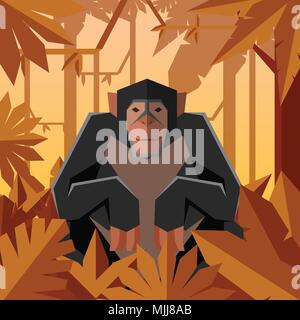 Vector image of the Flat geometric jungle background with Chimpanzee Stock Vector