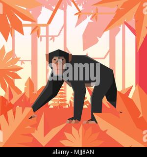 Vector image of the Flat geometric jungle background with Chimpanzee Stock Vector