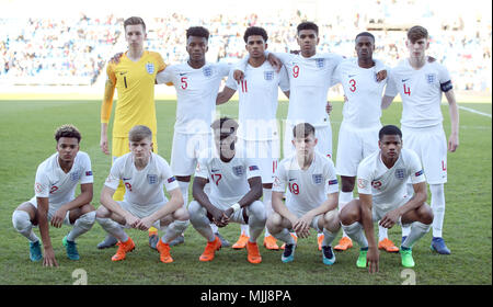 England's (top row, from left to right) Luca Ashby-Hammond, Ethan Laird, Xavier Amaechi, Tyreece John-Jules, Nathanel Ogbeta, James Garner (bottom row, from left to right) Dylan Crowe, Thomas Doyle, Bukayo Saka, Matthew Daly and Vontae Daley-Campbell during the UEFA European U17 Championship, Group A match at the Proact Stadium, Chesterfield. PRESS ASSOCIATION Photo. Picture date: Friday May 4, 2018. See PA story SOCCER England U17. Photo credit should read: Nick Potts/PA Wire. RESTRICTIONS: Editorial use only. No commercial use. Stock Photo