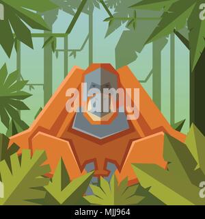 Vector image of the Flat geometric jungle background with Orangutan Stock Vector