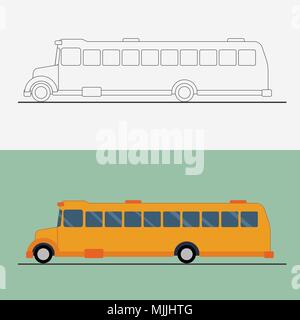 Yellow flat school bus . Bus vector illustration. Public transport line art concept. Stock Vector
