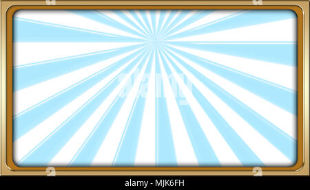Stock Illustration - Shiny Golden Framed Rays of Blue Light, Rectangle Empty Background, Copy Space, 3D, Colorful Blue Backdrop. Stock Photo