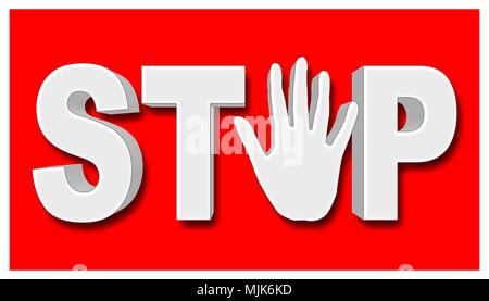 Stock Illustration - White STOP Sign, 3D Illustration, Isolated against the Red Background. Stock Photo