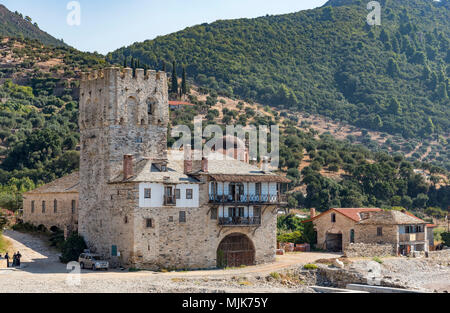 The old tower at the landing point for Zografou Monastery on the  Southwest coast of the Athos peninsula, Macedonia, Northern Greece Stock Photo