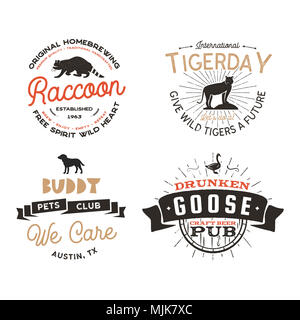 Wild animal Badges set and great outdoors activity insignias. Retro illustration of animal badges. Typographic camping style. Stock wild Animal logos with letterpress effect. Pub, cafe labels Stock Photo
