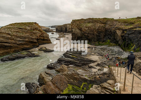 Las Cathedrales Beach in Ribadeo, Lugo, Region of Galicia, Spain, Europe Stock Photo