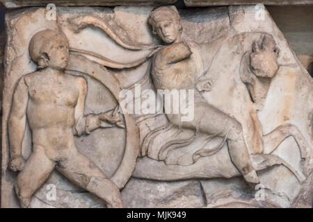 London. England. British Museum, Nereid Monument, frieze (detail), Battle with scenes of infantry and cavalry combat, from Xanthos, Turkey, ca. 390-38 Stock Photo