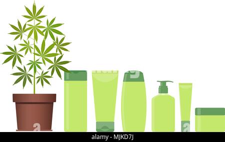Marijuana or cannabis plant in pot with hemp cosmetic products. Cream, shampoo, soap, gel, lotion, balm. Natural ecological cosmetics. Medical cannabi Stock Vector