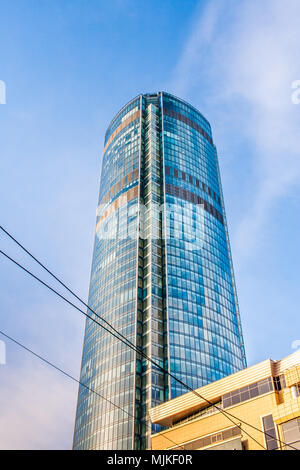 Bottom view of Vysotsky skyscraper in the center of Yekaterinburg, Russia, against the blue sky. Stock Photo