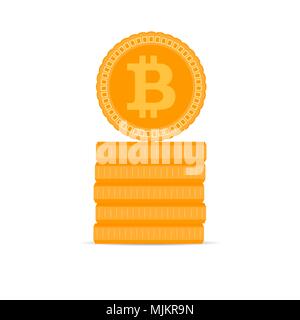 Stack of golden bitcoin coins. Golden finance cryptography currency, money and bit coin. Vector illustration Stock Vector