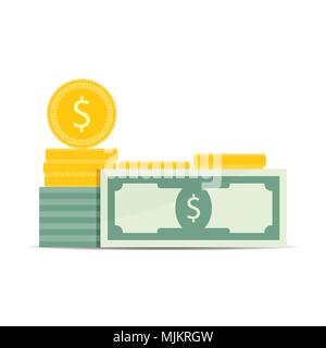 Money dollar stack banknote and golden coins stack. Vector financial profit, prosperity and jackpot, lottery and, earnings illustration Stock Vector