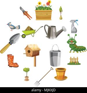 Garden icons set in cartoon style isolated on white background Stock Vector