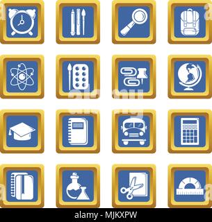 School education icons set vector blue square isolated on white background Stock Vector