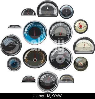 Realistic car speedometers icons set. Universal car speedometers icons to use for web and mobile UI, set of basic car speedometers elements isolated v Stock Vector