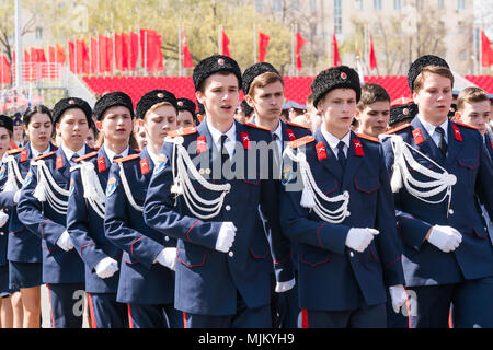 SAMARA - MAY 5: Dress rehearsal of military parade during celebration of the Victory day in the Great Patriotic War - russian soldiers marching on the Stock Photo