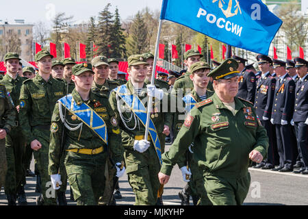 SAMARA - MAY 5: Dress rehearsal of military parade during celebration of the Victory day in the Great Patriotic War - russian soldiers marching on the Stock Photo