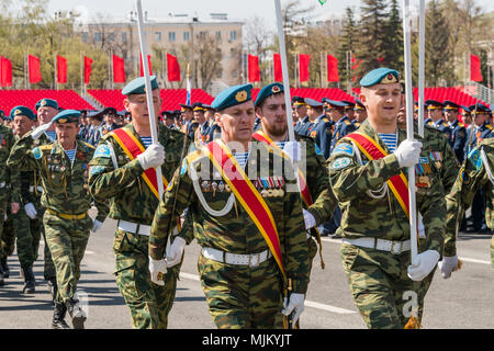 SAMARA - MAY 5: Dress rehearsal of military parade during celebration of the Victory day in the Great Patriotic War - russian soldiers marching on the Stock Photo