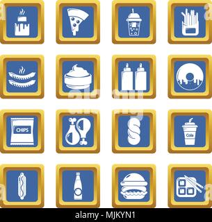 Fast food icons set vector blue square isolated on white background Stock Vector