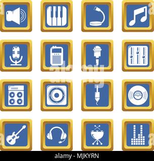 Recording studio symbols icons set vector blue square isolated on white background Stock Vector
