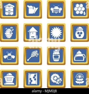 Apiary honey icons set vector blue square isolated on white background Stock Vector