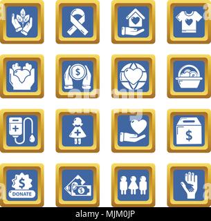 Charity icons set vector blue square isolated on white background Stock Vector