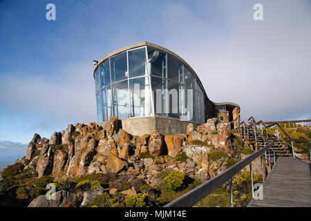 Pinnacle Shelter and Observation Point on the summit of Mount Wellington was provided by the National Parks offering protection from the weather. Stock Photo