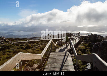 Unidentified tourists enjoy views of Hobart from the Pinacle observation point on the summit of Mount Wellington. Stock Photo