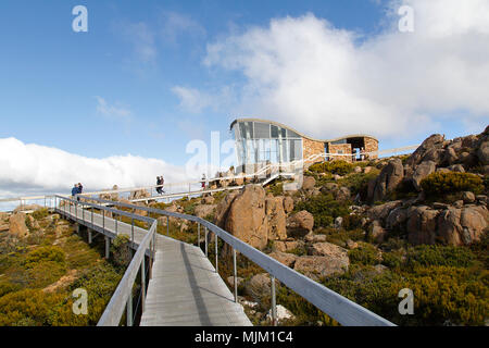 Hobart, Tasmania, Australia: March 28, 2018: Tourists enjoy the views of Hobart from the Pinacle observation point on the summit of Mount Wellington. Stock Photo