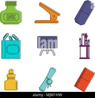 Office tool icon set, color outline style Stock Vector