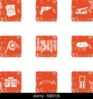 Reconstruction of building icons set, grunge style Stock Vector
