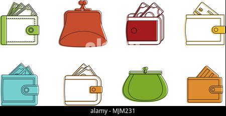 Wallet icon set, color outline style Stock Vector