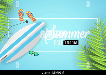 Summer sale banner. White frame with text. Surfboard, beach goggles and sponges. Cartoon flat style. Special offer. Summer discounts. Vector illustration. EPS 10 Stock Vector