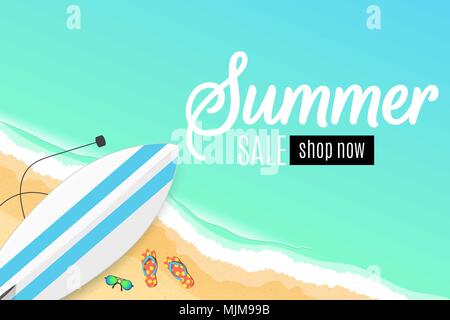 Summer sale. Surfboard, beach goggles and sponges. Sunny sandy beach. Cartoon style. Special offer. Summer discounts. Vector illustration. EPS 10 Stock Vector