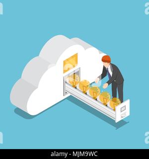 Flat 3d isometric businessman collect idea light bulb in cloud shape room. Business idea and cloud computing concept. Stock Vector